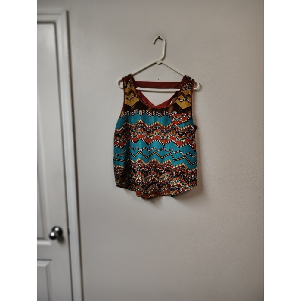 Love J Womens Geometric Chevron Print Tank Top Crisscross Back Boho Multicolor L